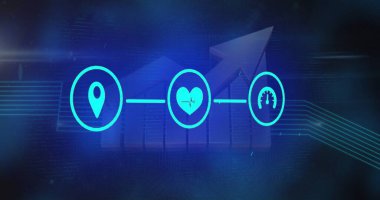 Arayüzde 3 parlayan siyanür simgesi gösteriliyor, konum pimi, kalp atışı, hız göstergesi. Futuristik, teknoloji, yenilik, dijital, analitik, veri, arayüz