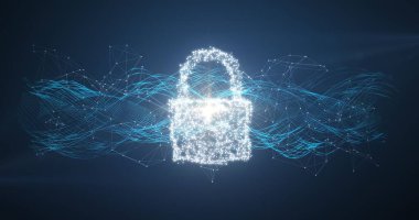 Parlayan asma kilidin dijital olarak oluşturulmuş görüntüsü ve mavi arkaplana bağlayan çizgiler