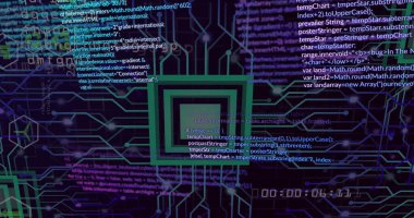 Devre izleri yeşil kare motifli, kod parçacıkları ve zamanlayıcı ile koyu ekranda parlıyor. Teknoloji, siber uzay, veri, yenilik, dijital sanat, fütürizm, bilgi akışı