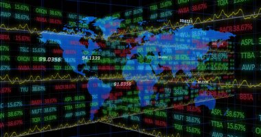 Piyasa gösterge panelinde dijital dünya haritası gösteriliyor, işaretli semboller, yüzde verileri ve 3D ızgara ile. Teknoloji, finans, görselleştirme, analitik, veri, dijital, iş