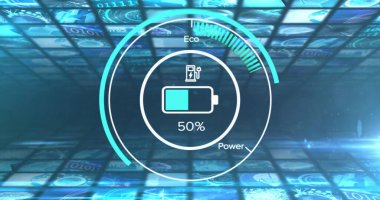 Sanal 3 boyutlu ızgarada yüzen merkezi dairesel gösterge gösteriliyor, pil simgesi, Eco Power% 50 etiketli. Fütürist, dijital, arayüz, yüksek teknoloji, veri görselleştirme, sanal, yenilik