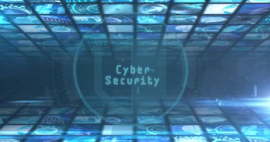 Siber güvenlik mesajı ve asma kilitlerle siber uzay tüneli üzerinde parlayan dairesel HUD elemanı. Teknoloji, yenilik, dijital, güvenlik, veri koruması, fütürist, siber güvenlik