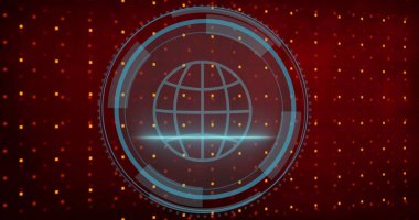 Mavi holografik küreyi kırmızı pikselli arka planda konsantrasyon halkalarında gezdiriyoruz. Fütürist, holografik, teknoloji, arayüz, dijital, soyut, sanal