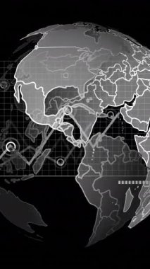 Finansal veri işleme ve kara arkaplan üzerindeki dünyanın animasyonu. Küresel finans, iş, bağlantılar, hesaplama ve veri işleme kavramı dijital olarak oluşturulmuş video.