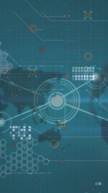 Dünya haritası üzerindeki bağlantı ağının animasyonu ve mavi arka planda dönen dünya. Küresel ağ ve iş teknolojisi kavramı