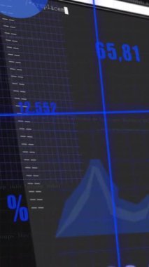 Animation of multiple graphs with changing numbers and grid over programming language on screen. Digitally generated, multiple exposure, database, business, report, progress, coding, technology.