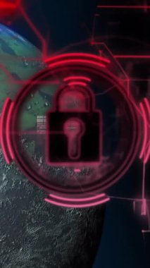 Siyah arkaplanda asma kilit üzerindeki veri işleme ve küre animasyonu. Teknoloji, iş ve dijital arayüz kavramı dijital olarak oluşturulmuş video.