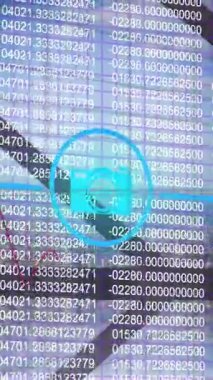 Animation of financial data processing and network of connections with icons over cityscape. Global business, finances and digital interface concept digitally generated video.