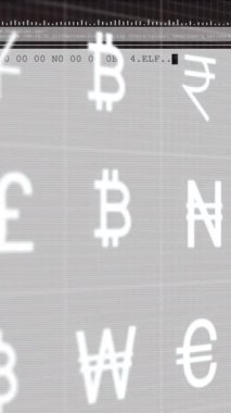 Animation of multiple currency symbols moving over data processing against white background. Global economy and business interface technology concept