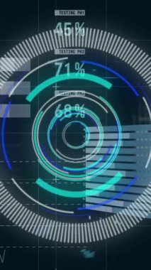 Yuvarlak tarayıcının animasyonu ve siyah arkaplan ile istatistiksel veri işleme. Bilgisayar arayüzü ve iş veri teknolojisi kavramı