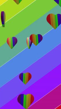 Animation of rainbow hearts and flags on colorful background. Valentine's day, love and celebration concept digitally generated video.