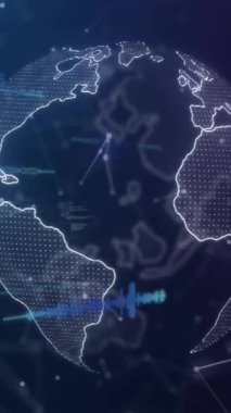 Şekiller ve dünya üzerinde şema ve veri işleme animasyonları. Sosyal medya, teknoloji ve dijital arayüz kavramı dijital olarak oluşturulmuş video.