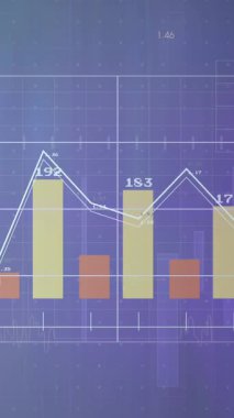 Mavi şebeke üzerinde çubuk ve çizgi grafik veri analizi animasyonu. istatistikler, görselleştirme, eğilimler, araştırma