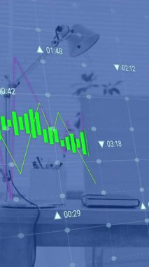Ofis masasına karşı istatistiksel veri işleme animasyonu. Bilgisayar arayüzü ve iş veri teknolojisi kavramı
