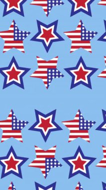Amerikan bayrağı mavi arka planda hareket eden yıldızların animasyonu. Vatanseverlik ve kutlama konsepti dijital olarak oluşturulmuş imaj.