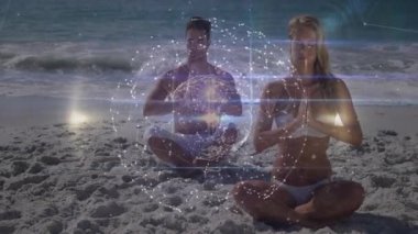 Çift, avuçlarını sahil kenarında bir araya getirip sağlıklı olmak için titreşimli dijital düğüm oluşturur. Spiritüellik, sükunet, ahenk, dijital sanat, meditasyon, dinginlik, bağlantı