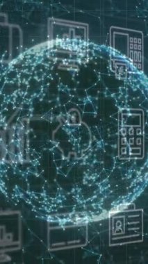 Bağlantı ağları dünyasına karşı çoklu dijital simgelerle arayüzün animasyonu. Bilgisayar arayüzü ve iş teknolojisi kavramı