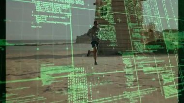 Koşucu plaj geçidi kulesinden geçiyor. Teknoloji şebekesi başlatılıyor ve yeşil kod kapma kontrol saati. Sporcu, dijital, fütüristik, fitness, açık hava, teknoloji, hareket