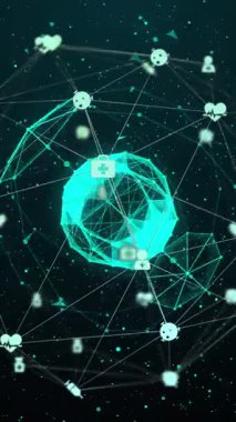 Siyah arkaplan üzerinde simgelerle ve dönen küreyle dijital bağlantı ağının animasyonu. Dijital ağ teknolojisi konsepti dijital olarak oluşturuldu.