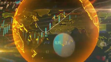 Altın harita açmak şamdan çubukları ve grafikler yaratmak 3 boyutlu dünyayı döndürmek piyasa eğilimlerini görselleştirmek. Küreselleşme, finans, veri görselleştirme, teknoloji, analitik, yatırım, ekonomi