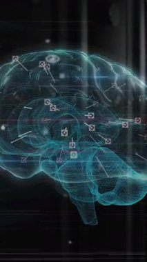 Sunucu odasında aydınlatılmış dijital insan beyni çevresindeki görüş bulucularının animasyonu. Dijital bileşik, çoklu pozlama, anatomi, yapay zeka, teknoloji ve ağ sunucu kavramı.