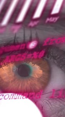 Veri işleme animasyonunun kadın gözüne yakın çekim hali. Dijital olarak oluşturulmuş küresel çevrimiçi kimlik, iş, bağlantılar, hesaplama ve veri işleme kavramı.