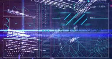 Mavi tarama hattı tarama ızgarası HUD panellerini başlatıyor. Grafikleri yüklüyor ve veri akışlarını güncelliyor. Teknoloji, veri görselleştirme, fütürizm, arayüz, dijital, analitik, yenilik