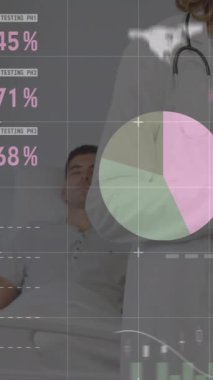 Kafkas doktorların hastalarıyla veri işleme animasyonu. Küresel tıp ve dijital arayüz kavramı dijital olarak oluşturulmuş video.