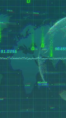 Dijital dünya ve dünya haritası animasyonu üzerinde ikili kod ve sayısal veriler. Teknoloji, bilgi, fütüristik, siber alan, ağ oluşturma, küresel