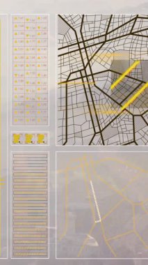 Şehir manzarasının havadan görüntüsüne karşı veri işleme arayüzünün animasyonu. Bilgisayar arayüzü ve iş teknolojisi kavramı