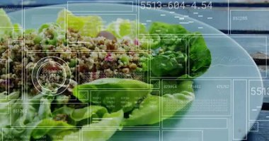 Beyaz tabak dönüşümlü metrik güncelleme analizinde taramalı marul ambalajı salatasını üstüste koy. Dijital arayüz, sağlık, taze, organik, yenilik, teknoloji, beslenme