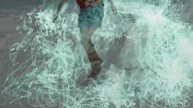 Woman stepping into ocean water, initiating turquoise light trails showing tech energy flow. Seashore, serenity, futuristic, digital, motion, energy, aquatic