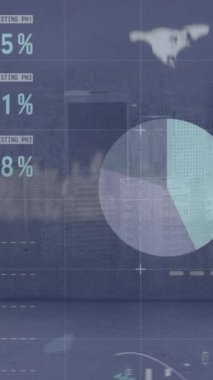 Animation of statistical data processing over grid network against aerial view of cityscape. Business data technology concept