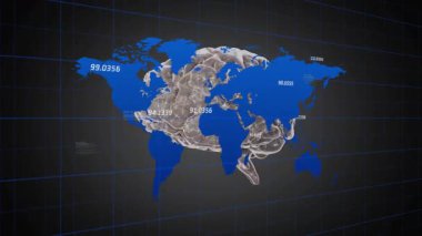 Şebeke düzlemi dünya haritası projeksiyonunu tetikler ve ağ kümesi dönerek veri etiketlerini ortaya çıkarır. Teknoloji, veri, görselleştirme, fütürizm, soyut, dijital, yenilik