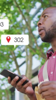 Sosyal medya nişan animasyonu. Bir adamın abur cubur yiyip akıllı telefon kullanması üzerine. dijital, çevrimiçi, etkileşim