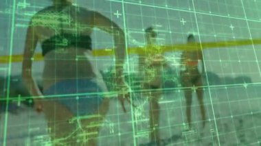 Teknoloji, plaj voleybol sahasında takım arkadaşlarının servis için dizlerini bükerek izlemelerini sağlıyor. Spor, takım çalışması, dijital, yaz, spor, açık hava, etkinlik