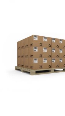 Beyaz arka planda tahta sandıkta yığılmış mukavva kutuların animasyonu. küresel sevkiyat, dağıtım ve çevrimiçi alışveriş konsepti dijital olarak oluşturulmuş video.