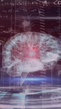 Animation of human brain and data processing over scope. Global connections, business, finance, computing and data processing concept digitally generated video.