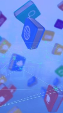 Uygulama simgelerine ve ağ bağlantılarına sahip dijital dünya, mavi arkaplan üzerinde animasyon. Teknoloji, bağlantı, iletişim, sanal, geleceksel, veri