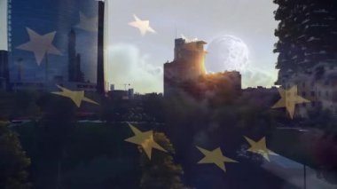 Göbek kulesinin üzerinden süzülen güneş patlaması yoğunlaşan parıltı, şafakta sürüklenen altın yıldızlar plazayı ortaya çıkarıyor. Şehir, gün doğumu, şafak, ufuk çizgisi, gök, mimari, manzara