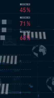 Dünya üzerinde şema ve veri işleme animasyonları. Küresel teknoloji ve dijital arayüz konsepti dijital olarak oluşturulmuş video.