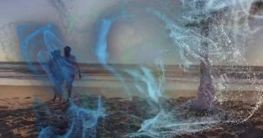 Düğün çifti kumsala doğru yürüyor dijital parçacıkların altında kucaklaşıyorlar ve birleşmeyi kutluyorlar. Romantizm, kutlama, sükunet, zarafet, samimiyet, ahenk, ortam