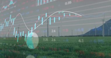 Mum çubukları sol başlangıç eğilimlerini yükseltiyor ve görselleştiren türbin çıkışını ölçüyor. Yenilenebilir enerji, sürdürülebilirlik, veri görselleştirme, soyut, teknolojik, çevresel, yeşil teknoloji