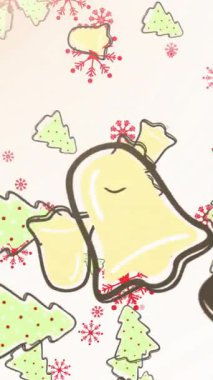 Beyaz arka planda kar taneleri üzerinde çanların ve Noel ağaçlarının animasyonu. Noel, gelenek ve kutlama konsepti dijital olarak oluşturuldu.