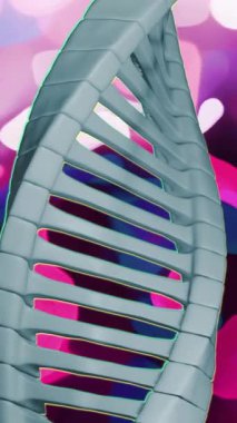 Pembe ve mor şekillerin üzerinde hareket eden DNA ipliklerinin animasyonu. Teknoloji, bilim ve dijital arayüz kavramı dijital olarak oluşturulmuş video.