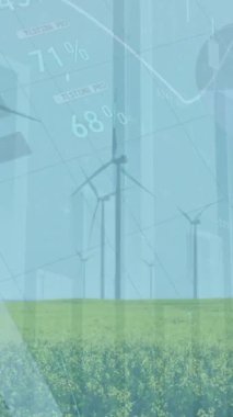 Mavi gökyüzüne karşı çayırlarda dönen yel değirmenleri üzerinde istatistiksel veri işleme animasyonu. Yenilenebilir enerji ve iş veri teknolojisi kavramı