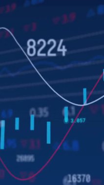 Animation of financial data processing over blue background. Global business, finances, computing and data processing concept digitally generated video.
