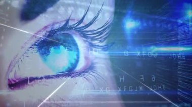Açılışta lazerlerle ışıldayan göz ve kod tarama sırasında sürükleniyor. Fütüristik, biyometrik, siber, teknoloji, veri, dijital, yenilik