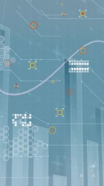 Gri arka planda istatistiksel veri işleme animasyonu. Bilgisayar arayüzü ve iş veri teknolojisi kavramı