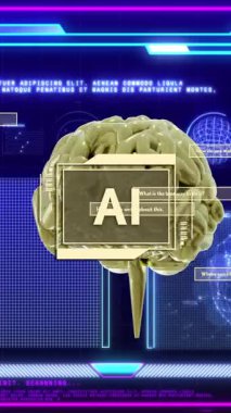 Beyin üzerindeki yapay zeka metni ve gelecekteki animasyonlardaki veri tabloları. Yapay zeka, teknoloji, dijital, yenilik, analiz, görselleştirme